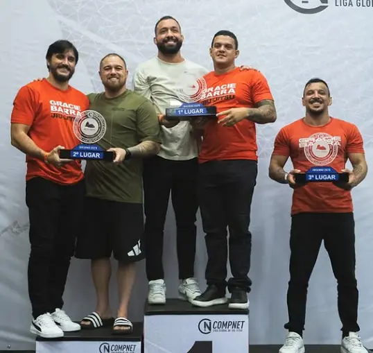 Atletas da equipe no pódio de um campeonato, com troféus